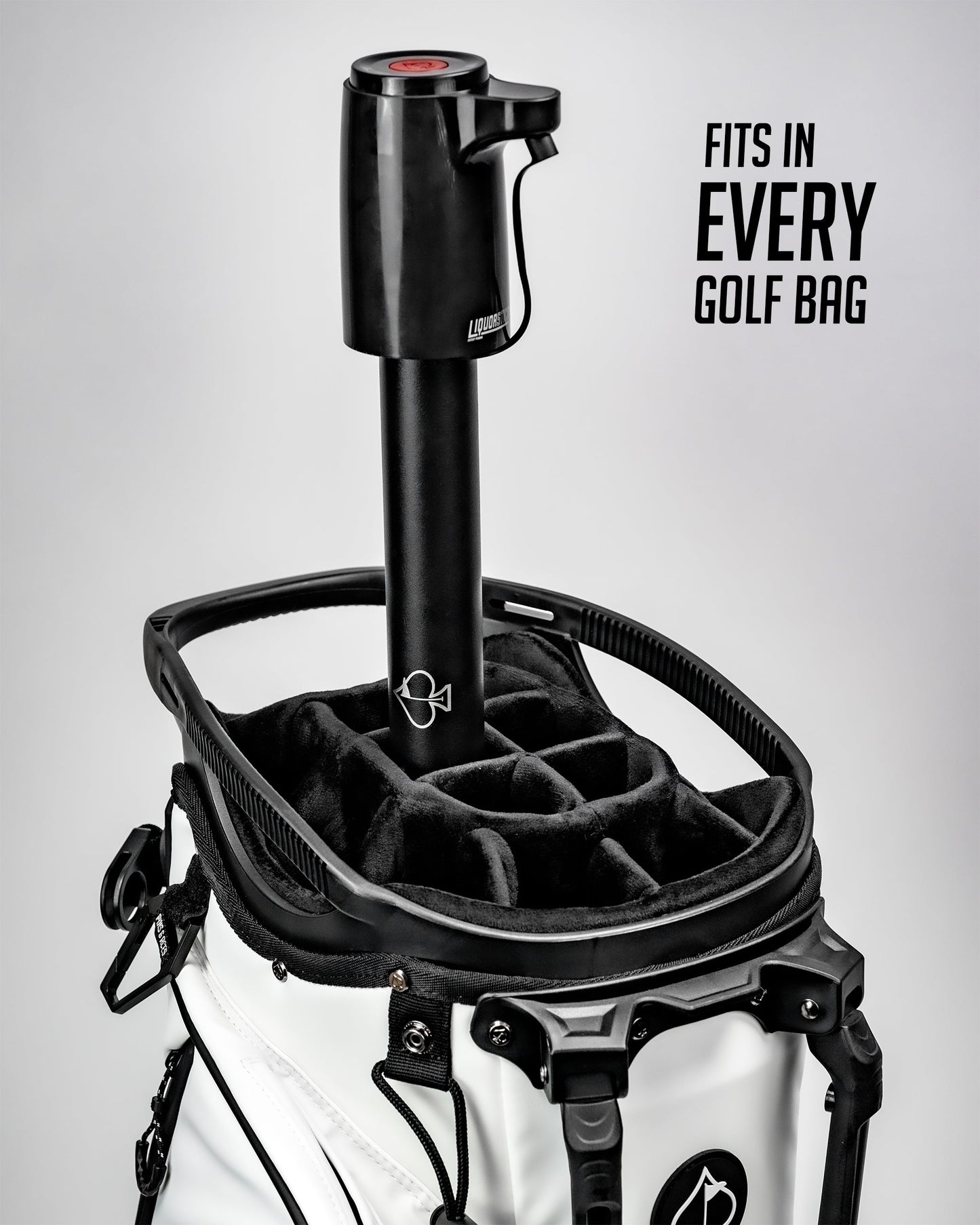 LiquorStick® 3.0 in black, designed to fit in every golf bag, showcasing a sleek and compact design.