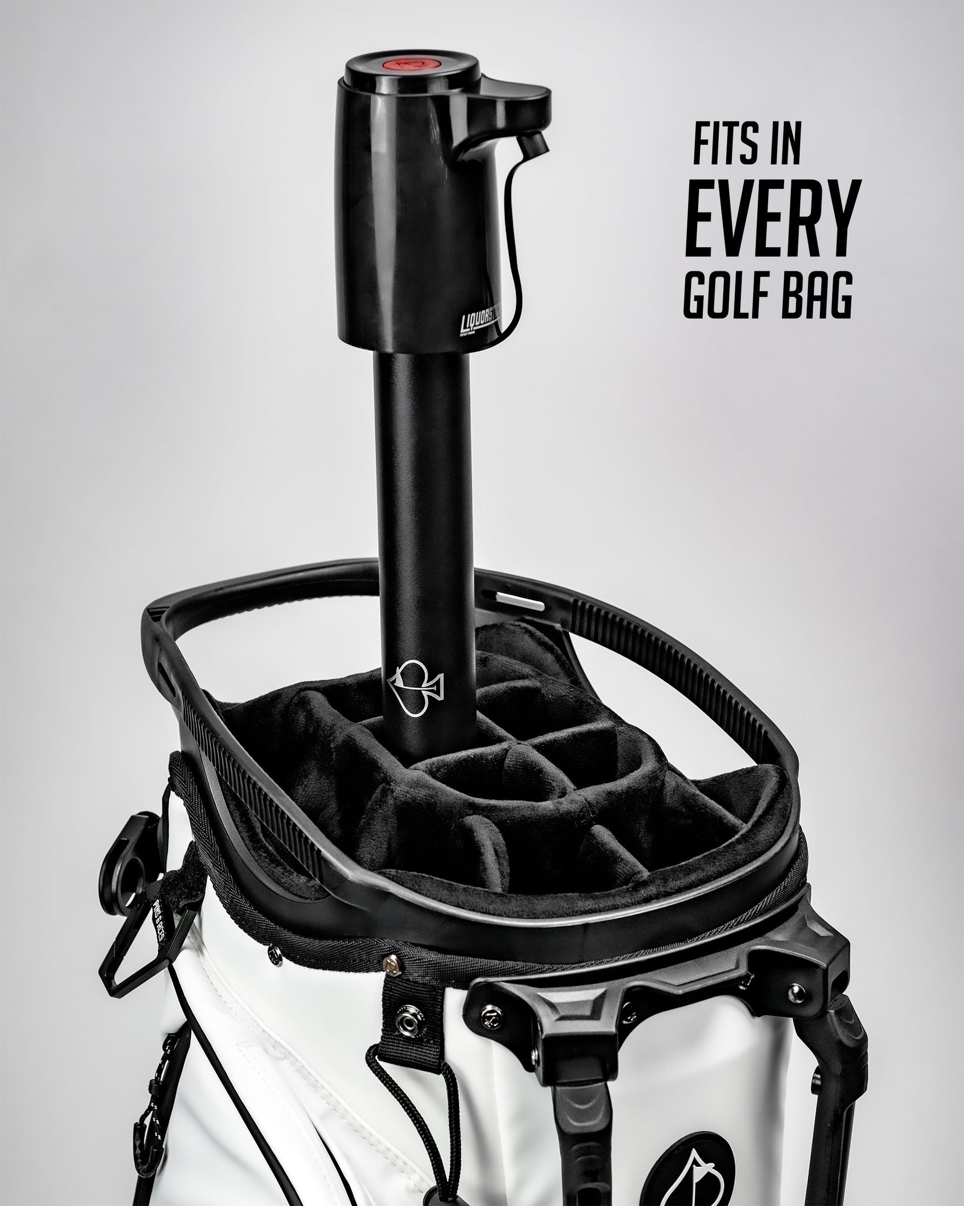 LiquorStick® 3.0 in black, designed to fit in every golf bag, showcasing a sleek and compact design.