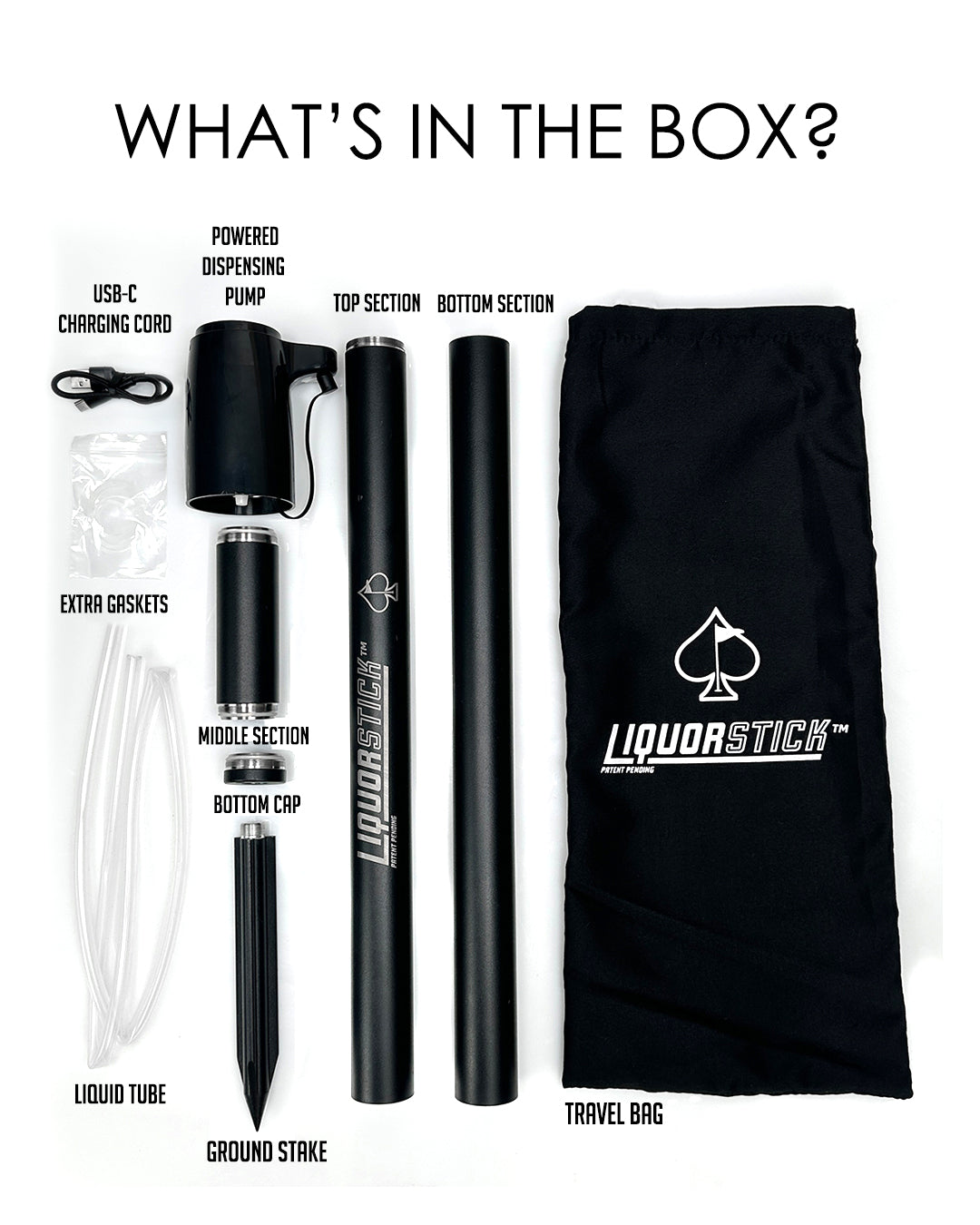 LiquorStick® 3.0 in black, showcasing the sleek design and included accessories in the box.