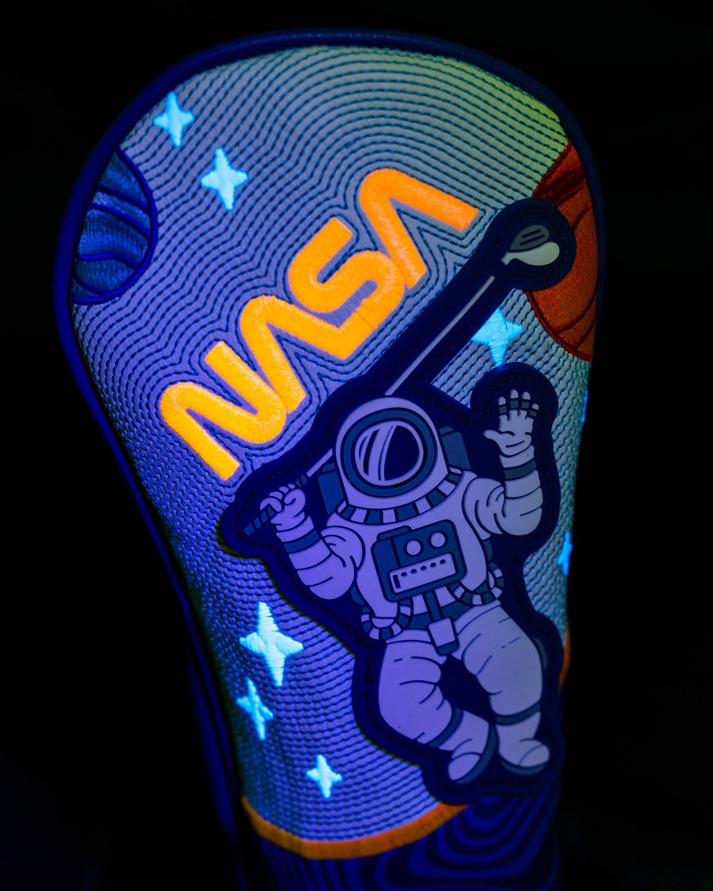 NASA Space Walk fairway cover featuring a vibrant design inspired by space exploration, showcasing stars and planets in shades of blue and black.