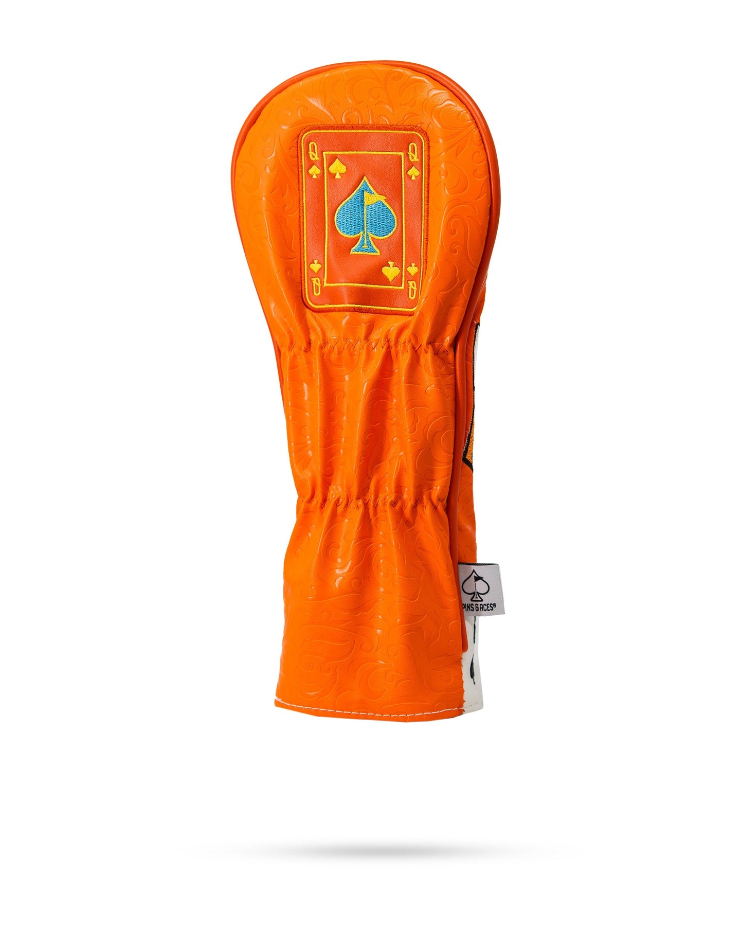 Alt text: "Orange Crush Queen of Spades fairway golf club head cover with vibrant colors and spade design."