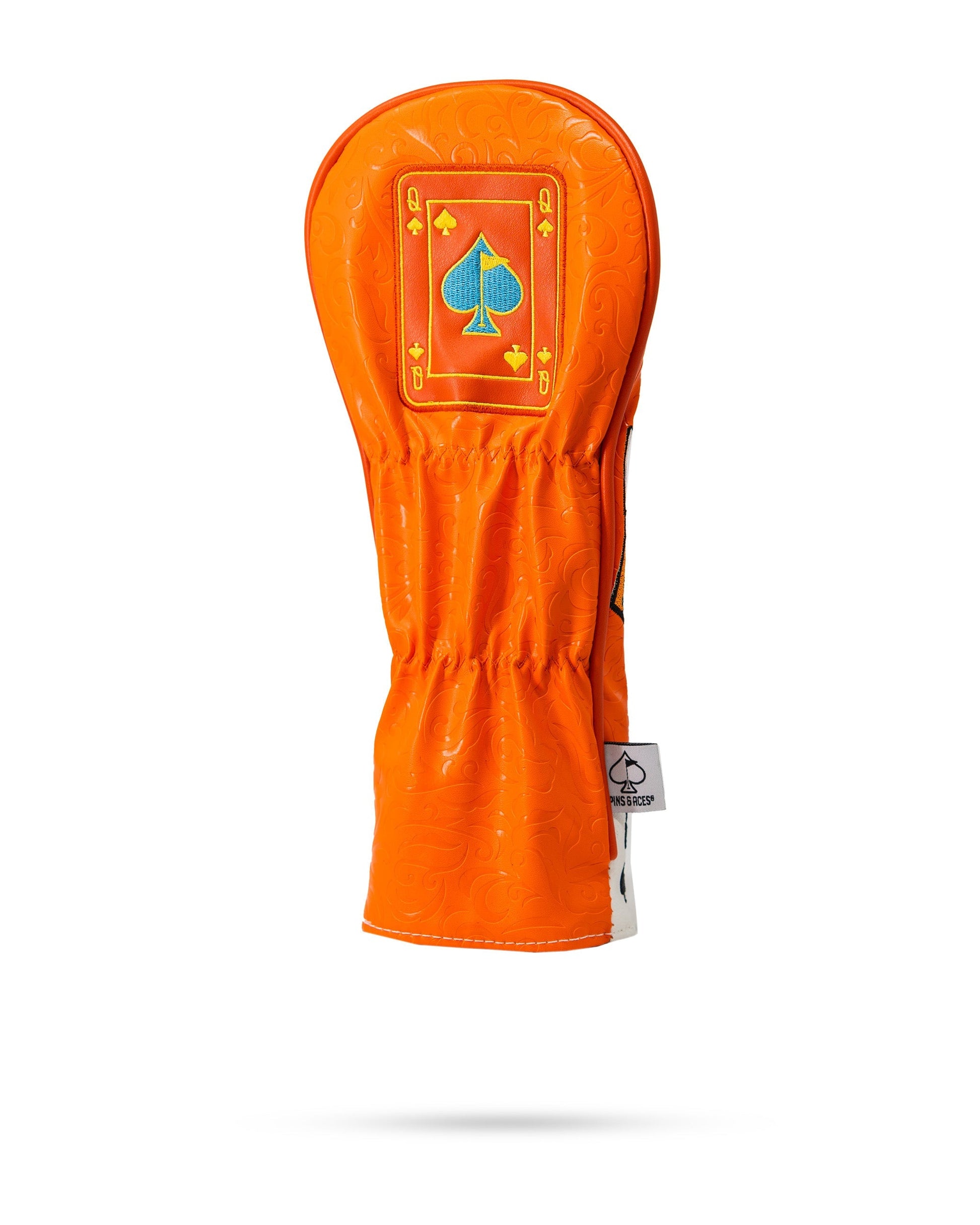 Alt text: "Orange Crush Queen of Spades fairway golf club head cover with vibrant colors and spade design."