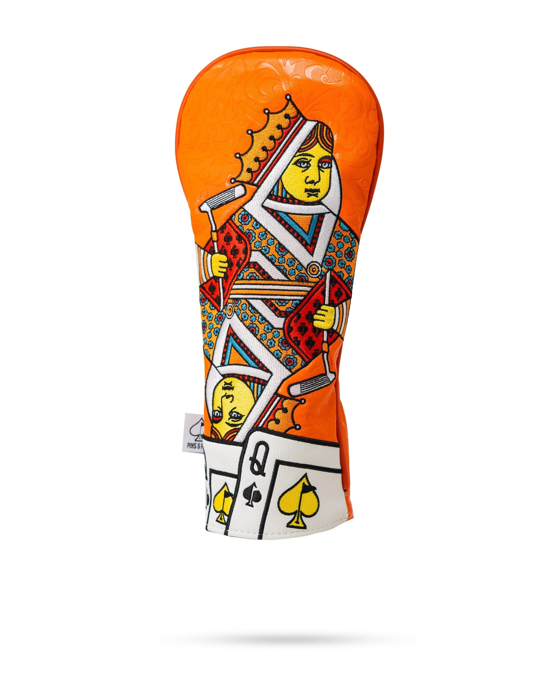 Orange Crush Queen of Spades Fairway Cover featuring a vibrant orange and gold design with a playing card motif.