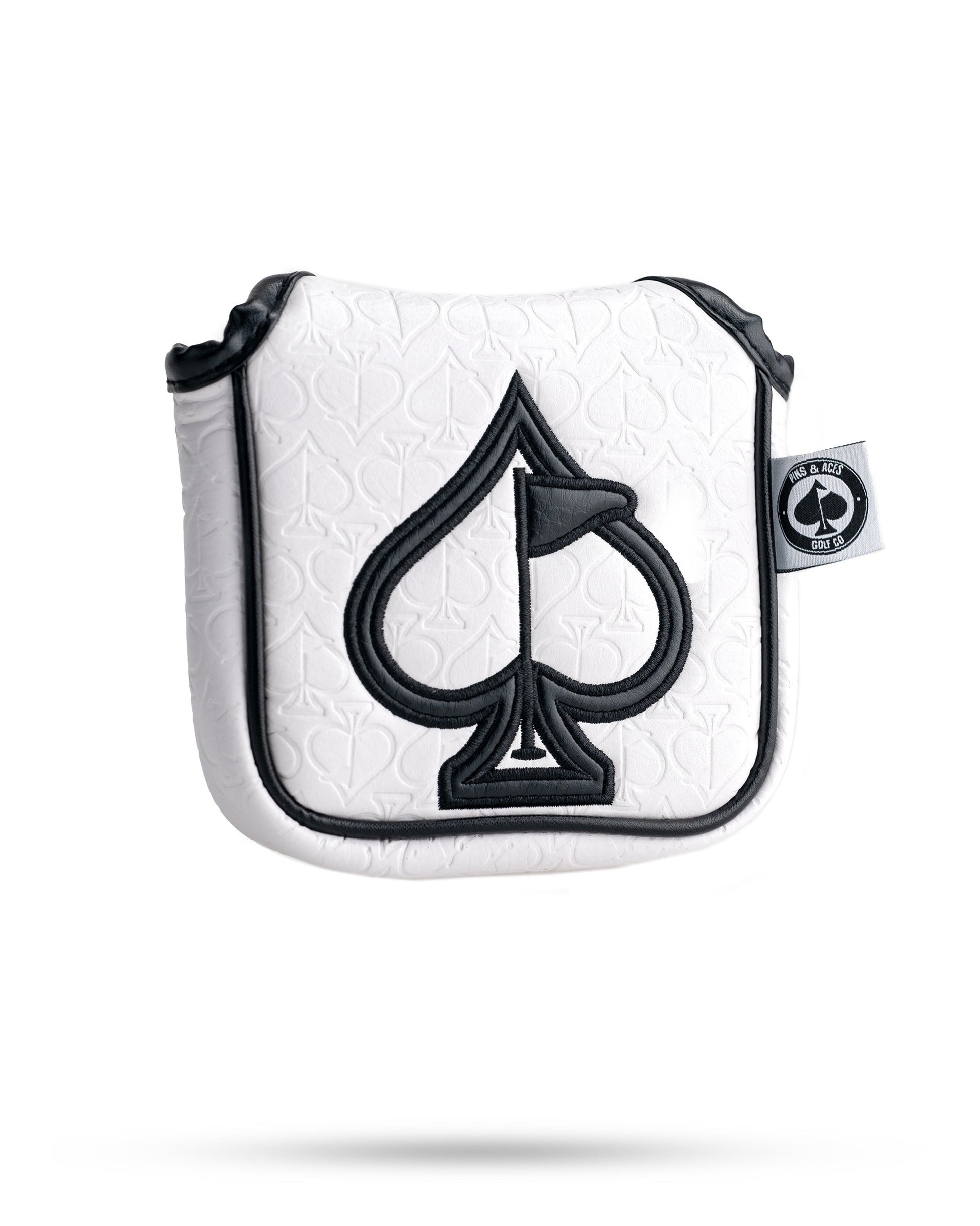 White golf headcover with black spade logo, embossed club pattern, and black trim, ideal for bold golf style.