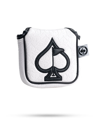 White golf headcover with black spade logo, embossed club pattern, and black trim, ideal for bold golf style.