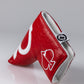Bold red golf headcover with white embroidered logo and soft white fleece lining for standout style.
