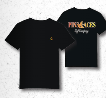 Black Half&Half tee featuring a colorful "Pins & Aces Golf Company" logo on the back and a small emblem on the front.