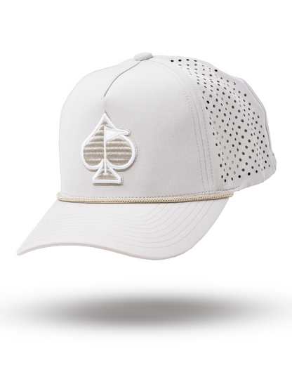 Perforated rope hat in bone color featuring a stylish logo and breathable design for golfers seeking a unique look.