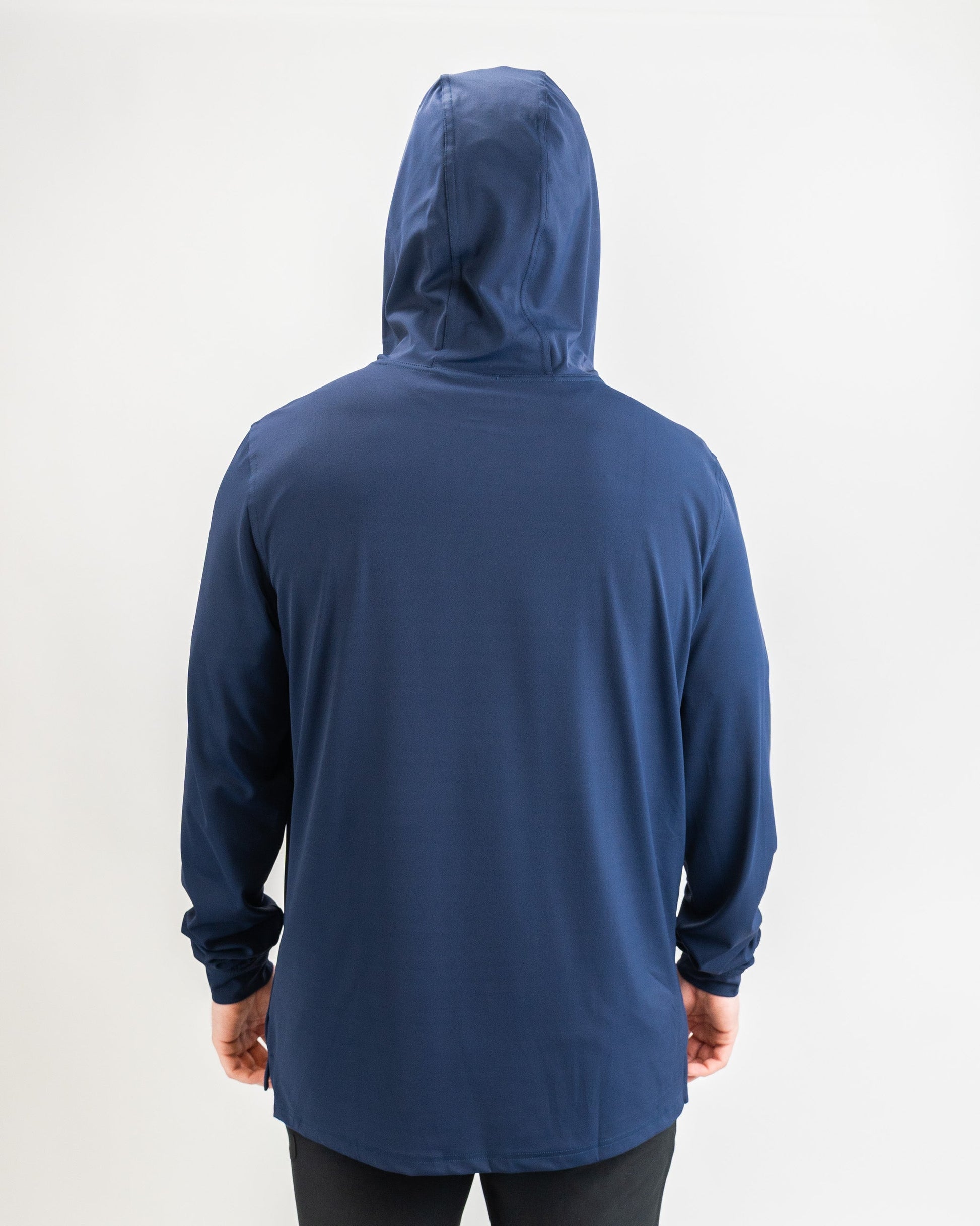 Navy performance golf hoodie featuring a relaxed fit and adjustable hood, ideal for golfers seeking comfort and style.