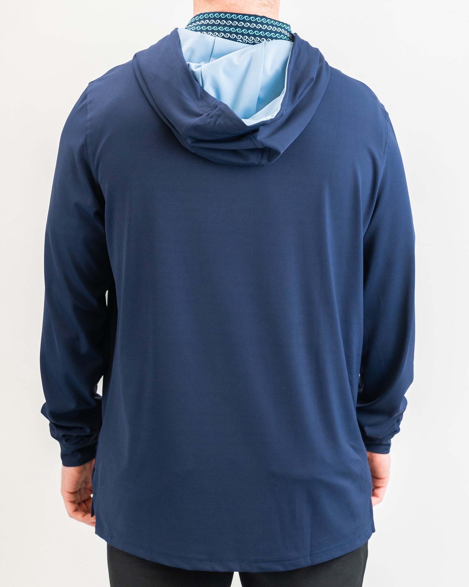 Navy performance golf hoodie featuring a lightweight design and a comfortable fit, ideal for on-course wear.