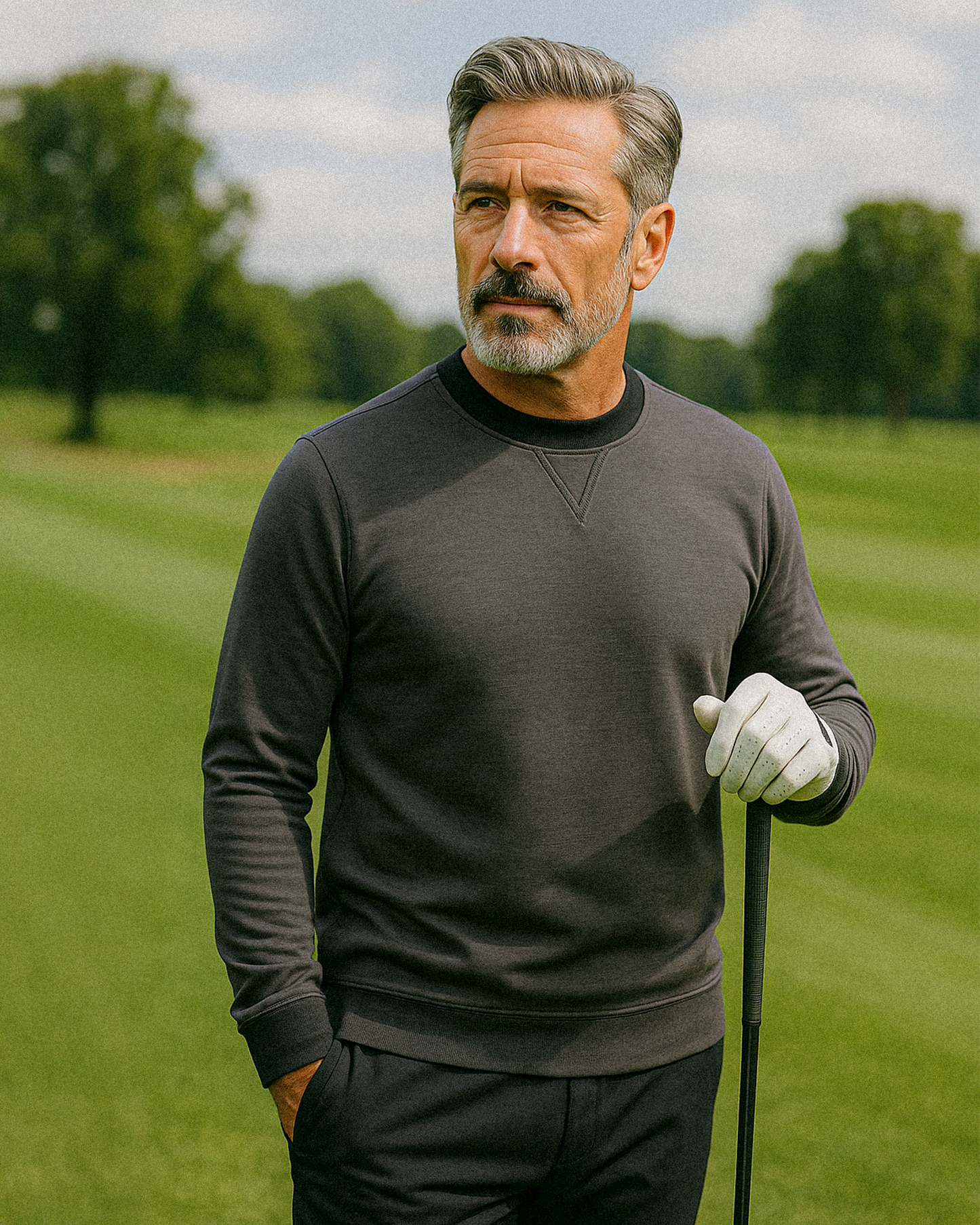 Man outdoors on golf course wearing a slate grey Player Preferred™ Crewneck sweater, holding a golf club, with trees in the background.