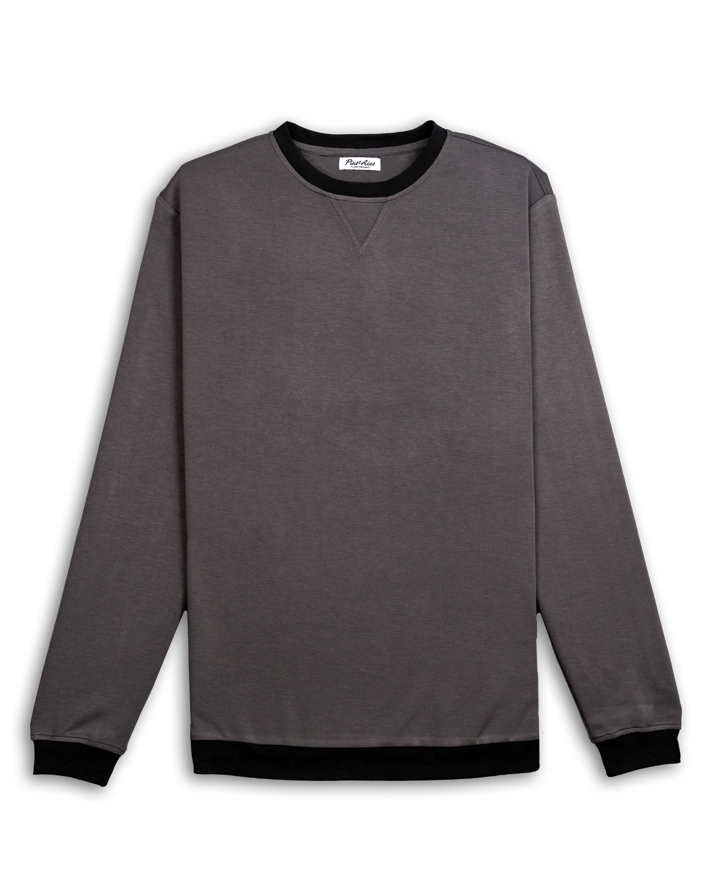 Slate grey crewneck sweatshirt with black collar and cuffs, featuring a relaxed fit and casual style.