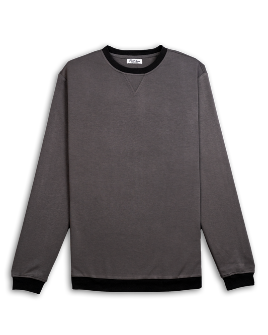 Slate grey crewneck sweatshirt with black collar and cuffs, featuring a relaxed fit and casual style.