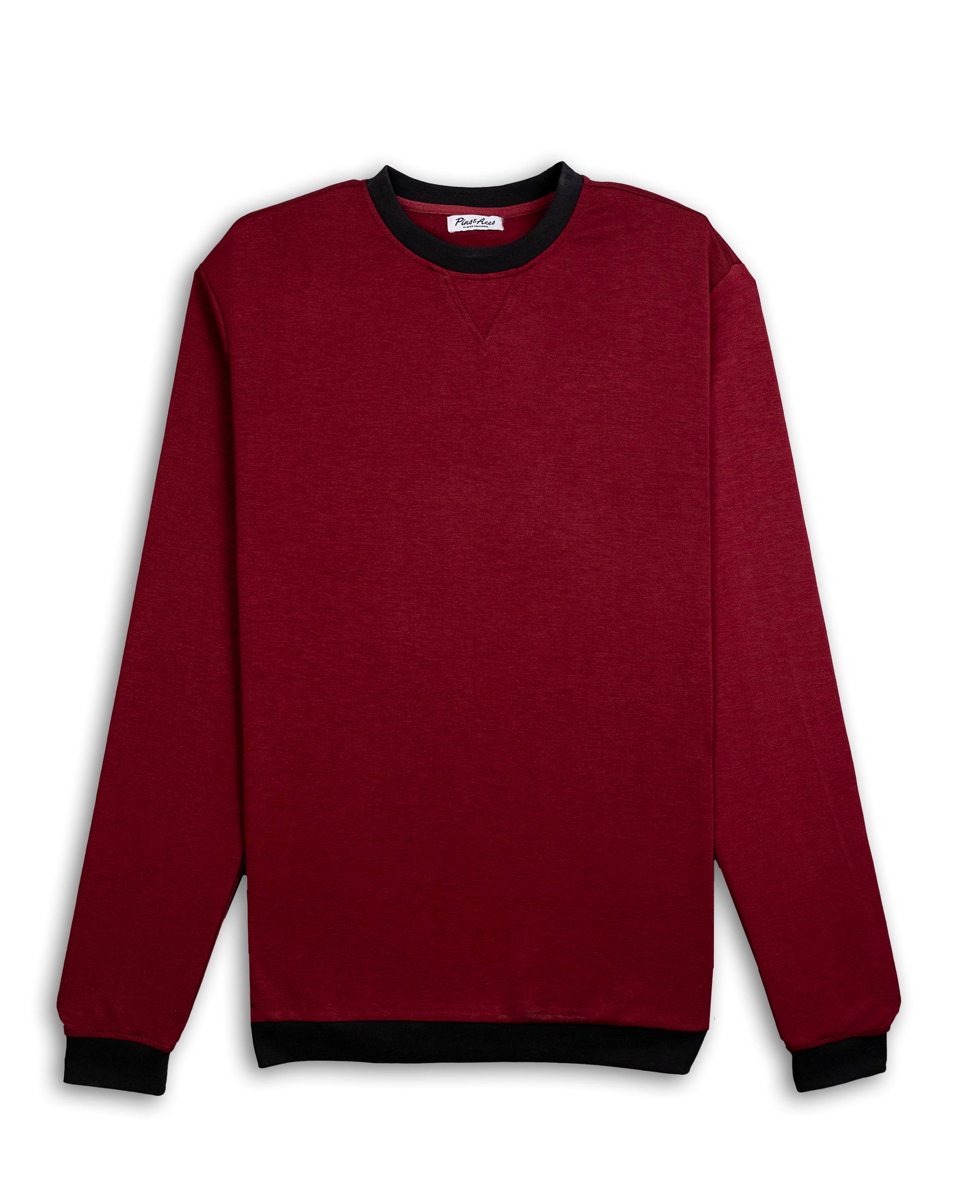 Red crewneck sweatshirt with black collar and cuffs, labeled Player Preferred™ Merlot, displayed against a black background.