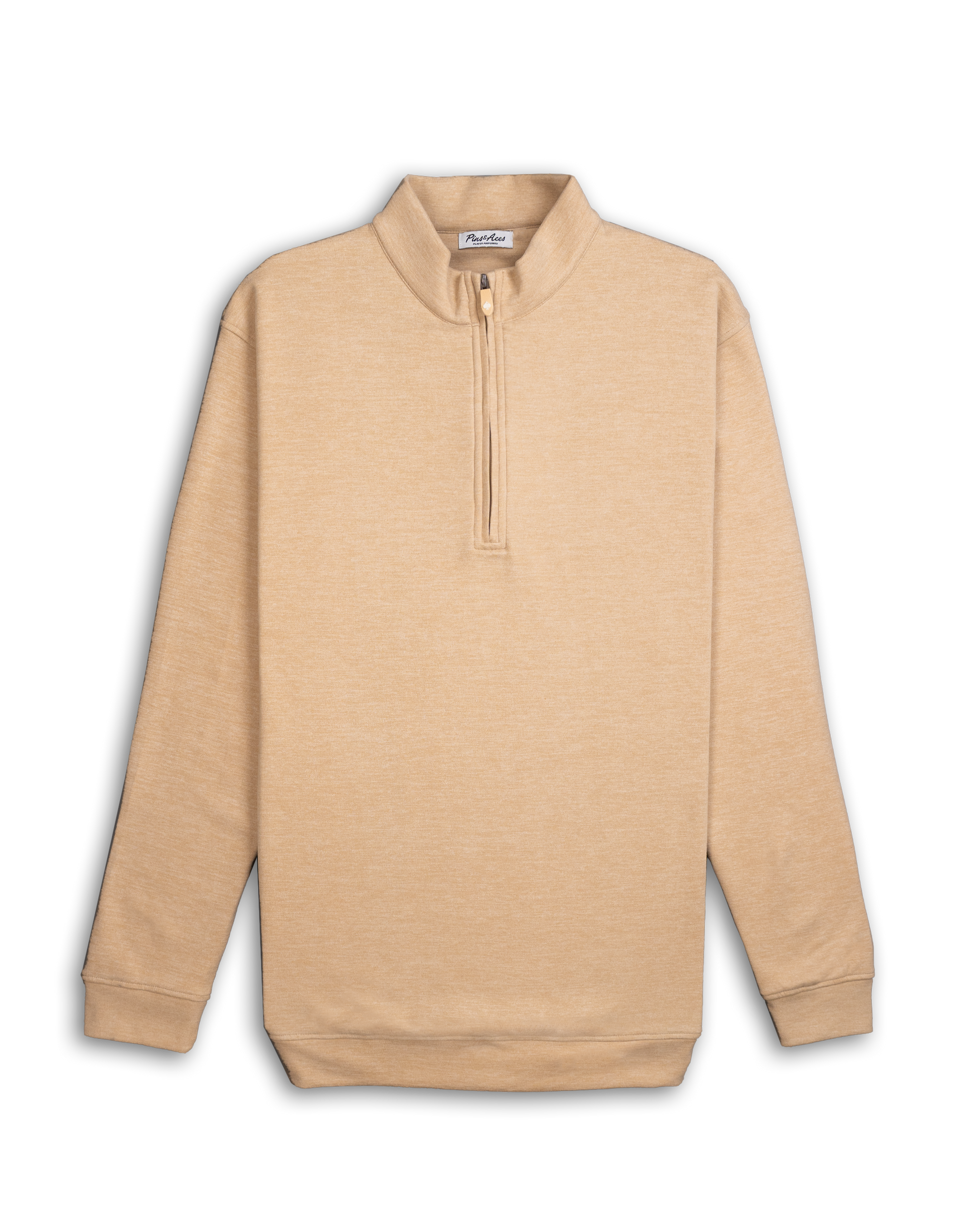 Sand-colored Player Preferred™ pullover with a quarter-zip neckline, long sleeves, and a relaxed fit.