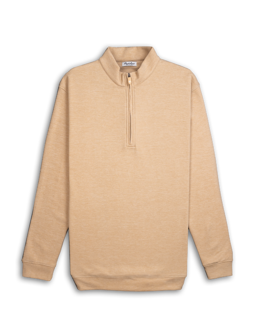 Sand-colored Player Preferred™ pullover with a quarter-zip neckline, long sleeves, and a relaxed fit.