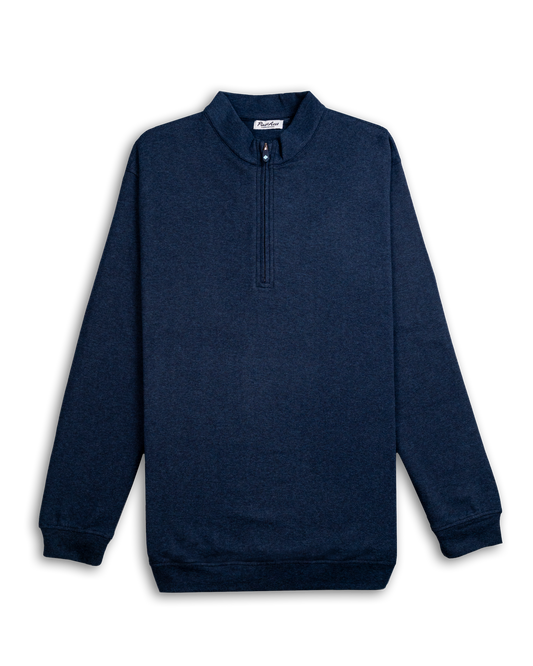 Heathered navy pullover with a quarter-zip collar, long sleeves, and a relaxed fit, ideal for casual or athletic wear.