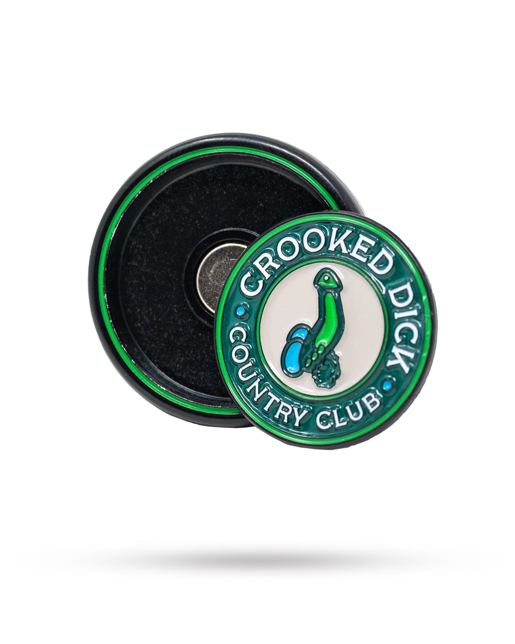 Pop Out Medallion Ball Marker featuring Crooked Dick design on a golf course background.