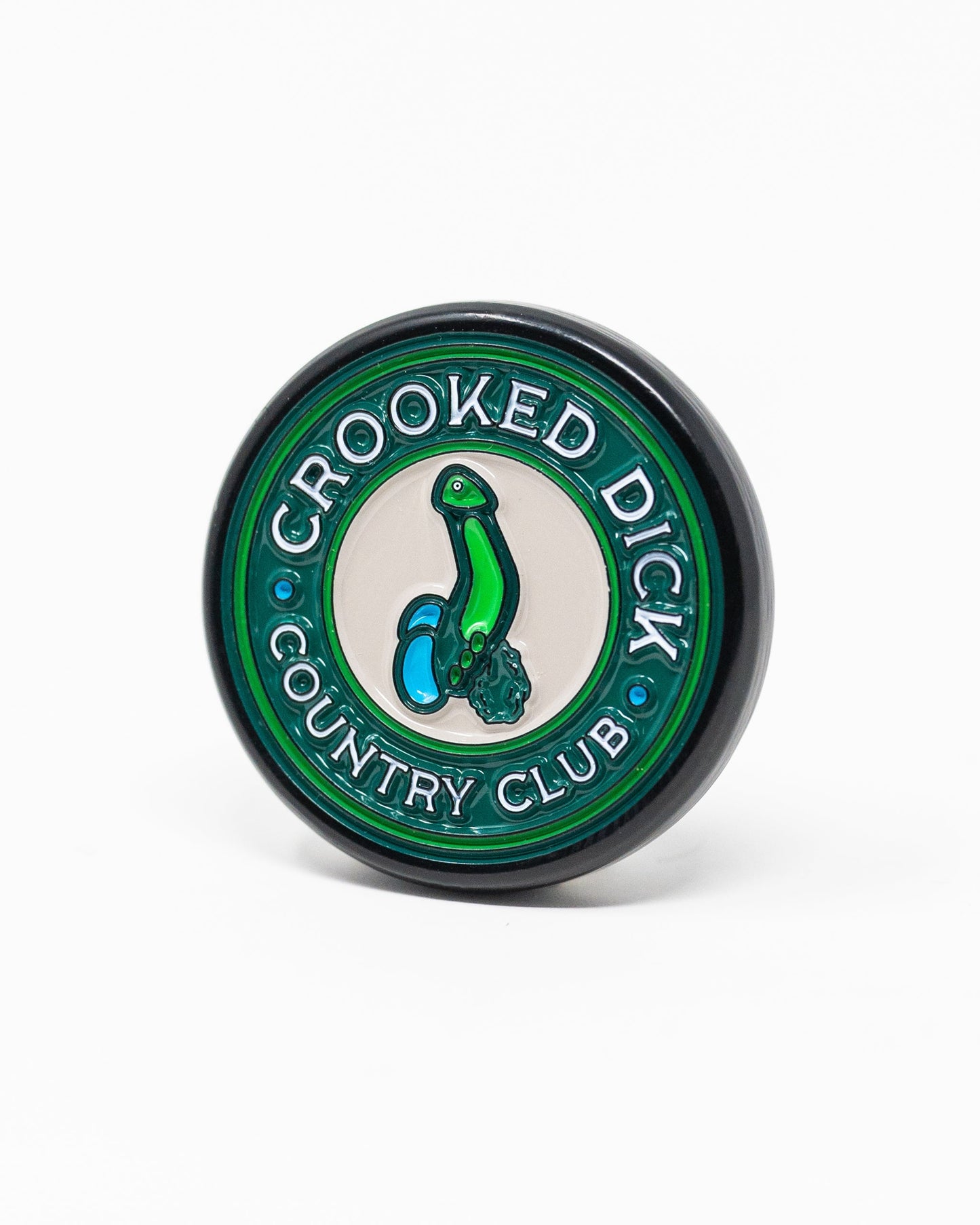 Pop Out Medallion Ball Marker featuring a Crooked Dick design, showcasing vibrant colors and a circular shape for easy use on golf courses.