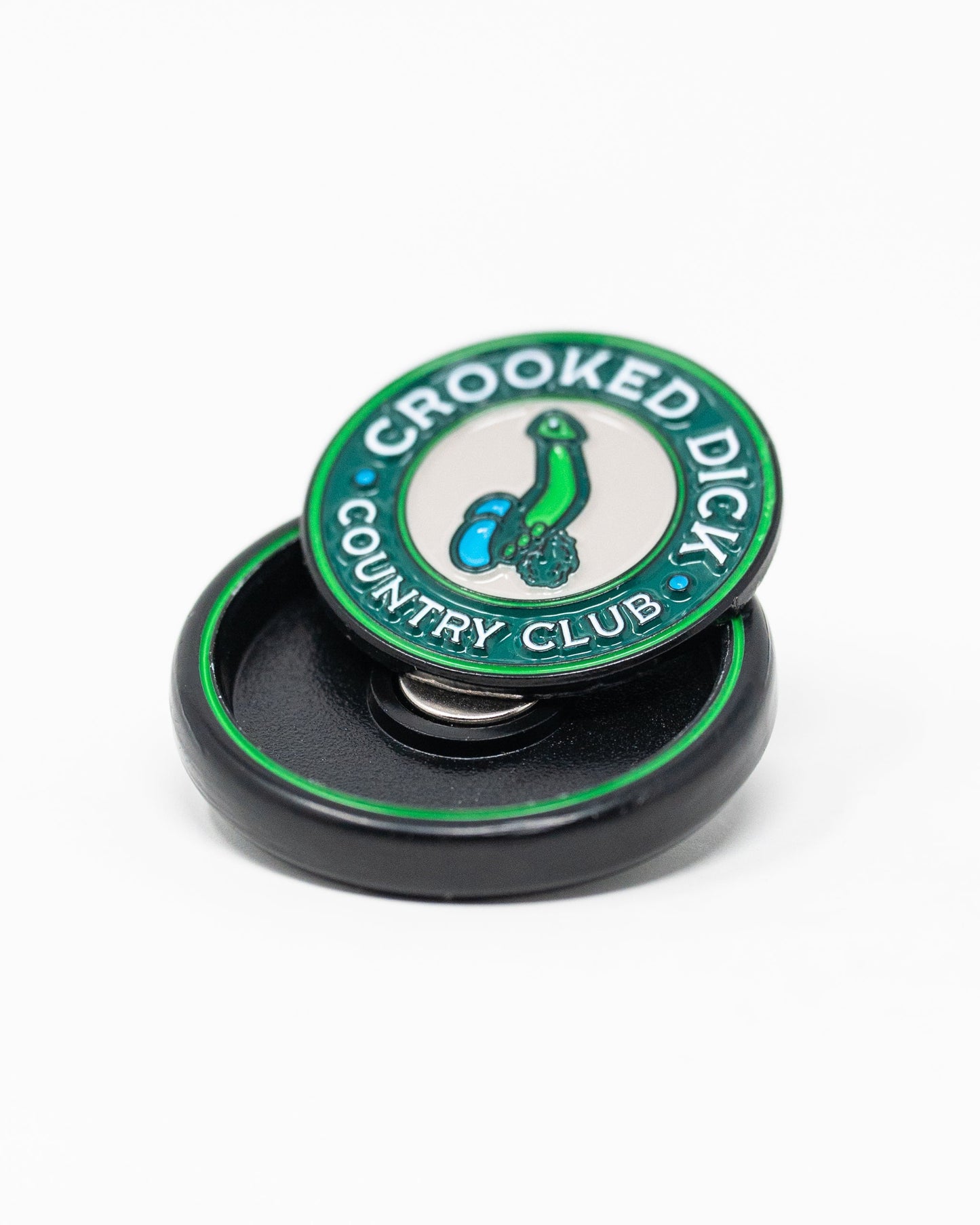 Pop Out Medallion Ball Marker featuring the Crooked Dick design, showcasing a unique and playful golf accessory.