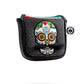 Gray camo putter cover featuring a mustache sugar skull design.