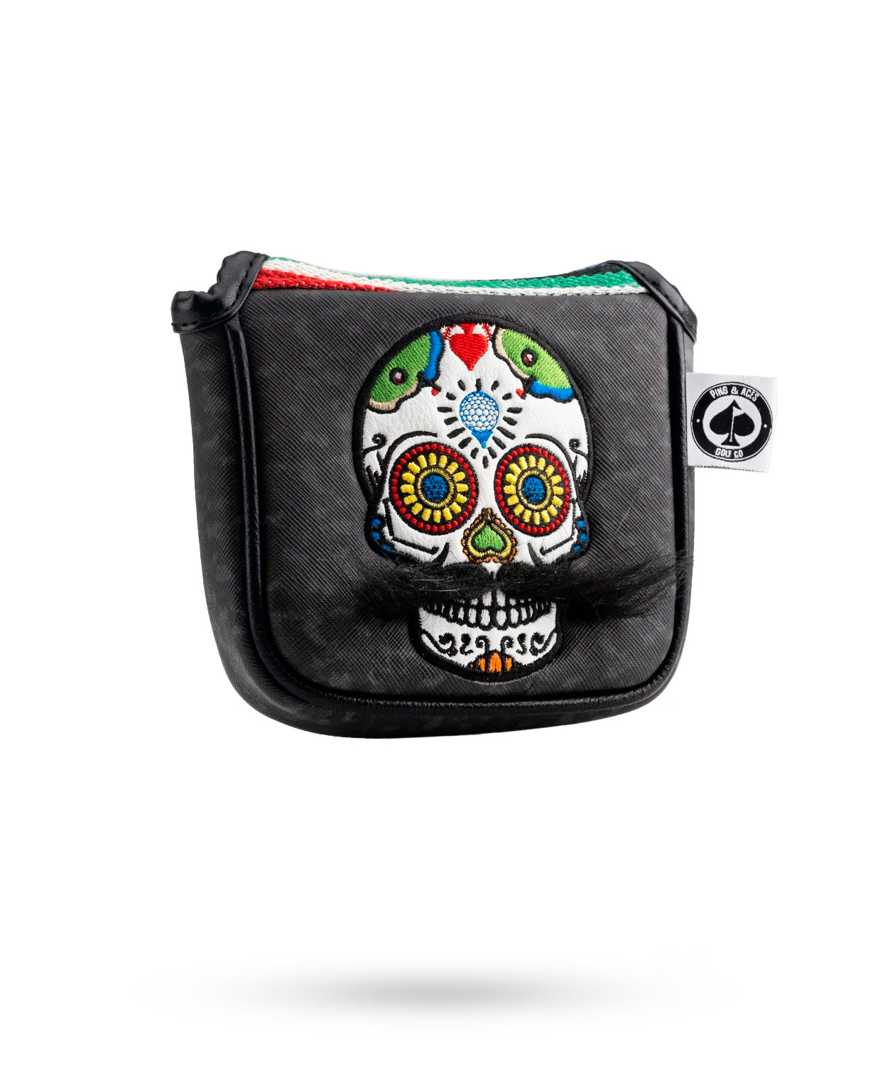 Gray camo putter cover featuring a mustache sugar skull design.