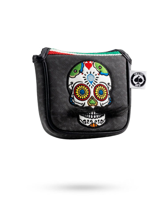 Gray camo putter cover featuring a mustache sugar skull design.