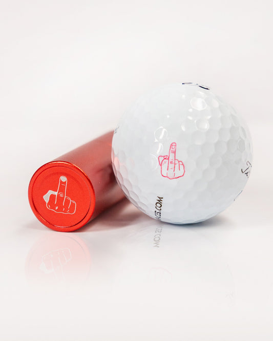 Golf ball and red marker with a middle finger gesture stamp design for humorous or bold marking.