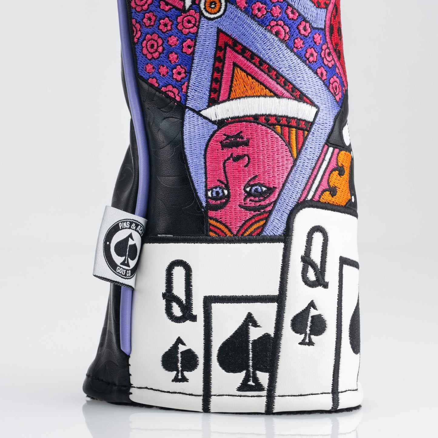 Alt text: "Queen of Spades fairway cover with bold black and white design featuring a spade symbol, designed for golf clubs."
