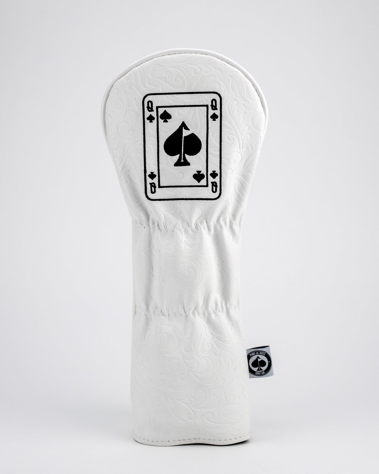 White Out Queen of Spades fairway cover for golf clubs, featuring a sleek design with a prominent queen of spades graphic on a white background.