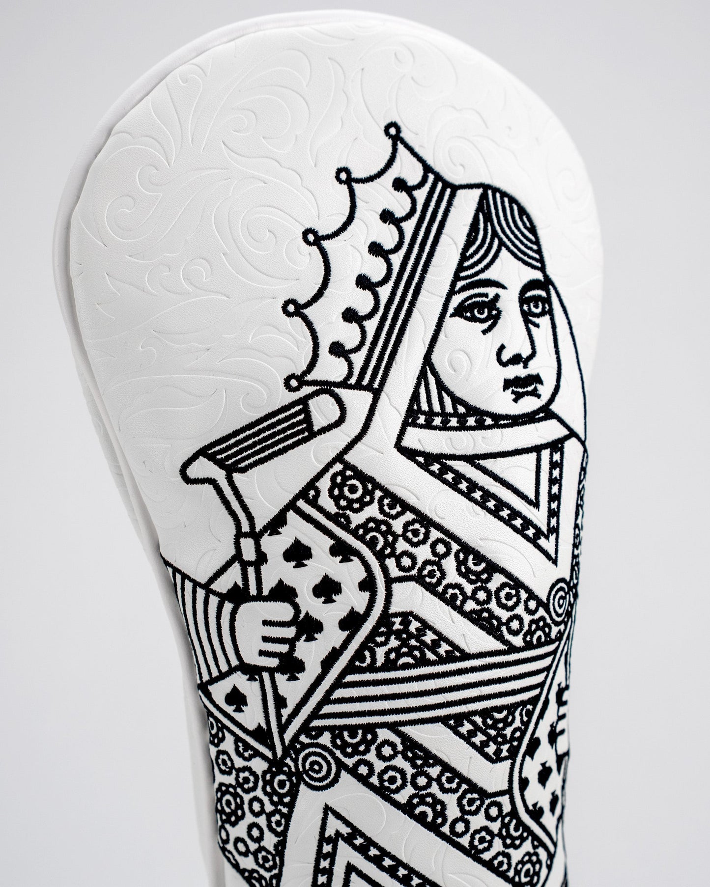 White Out Queen of Spades fairway cover, featuring a sleek design and premium material, ideal for protecting golf clubs.