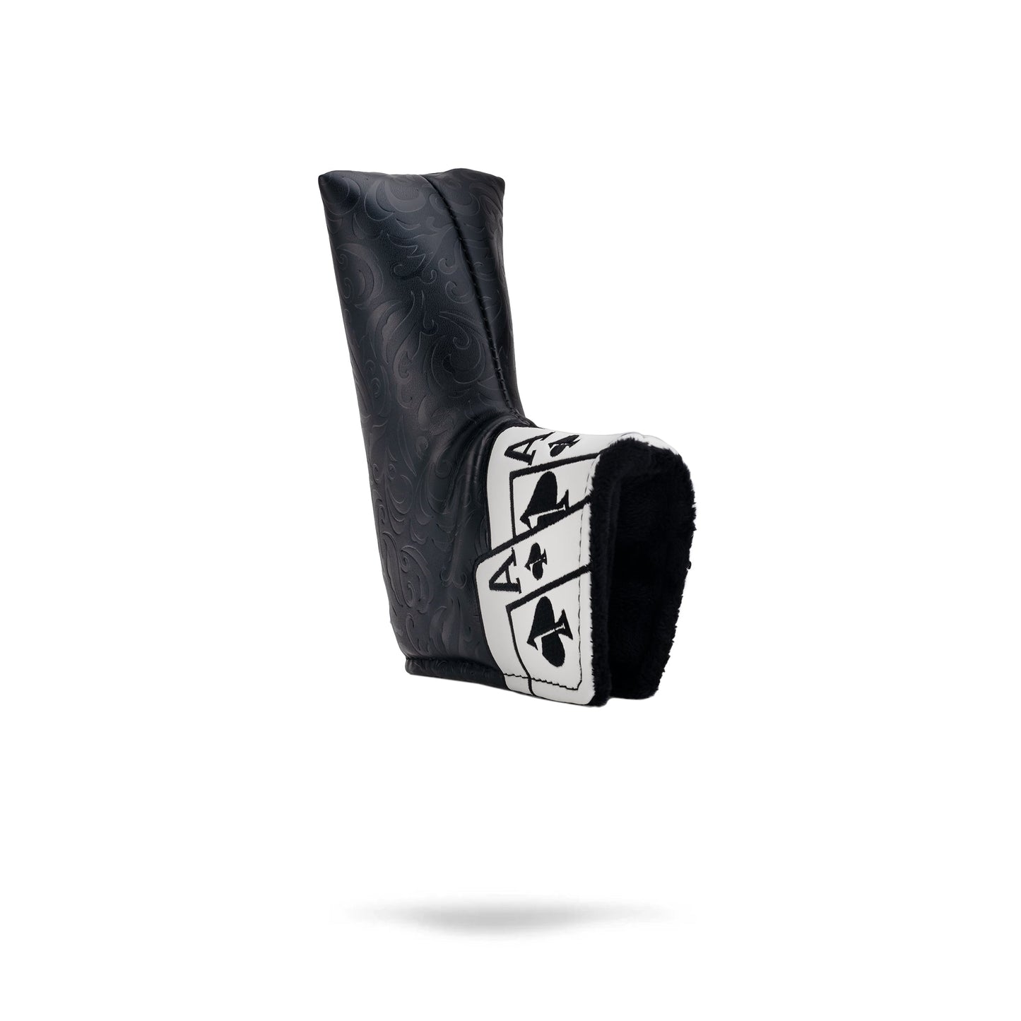 Alt text: "Stylish Ace of Spades blade putter cover with an embossed black design and white ace cards graphics, featuring plush inner lining for club protection."