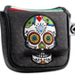 Gray camo mallet putter cover featuring a mustache sugar skull design.