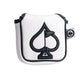 White golf headcover with black spade logo, embossed spade pattern, and bold black trim for standout style.