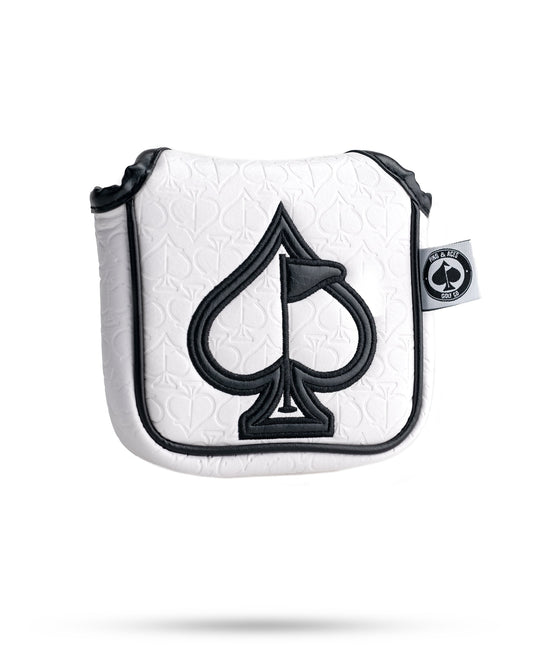 White golf headcover with black spade logo, embossed spade pattern, and bold black trim for standout style.