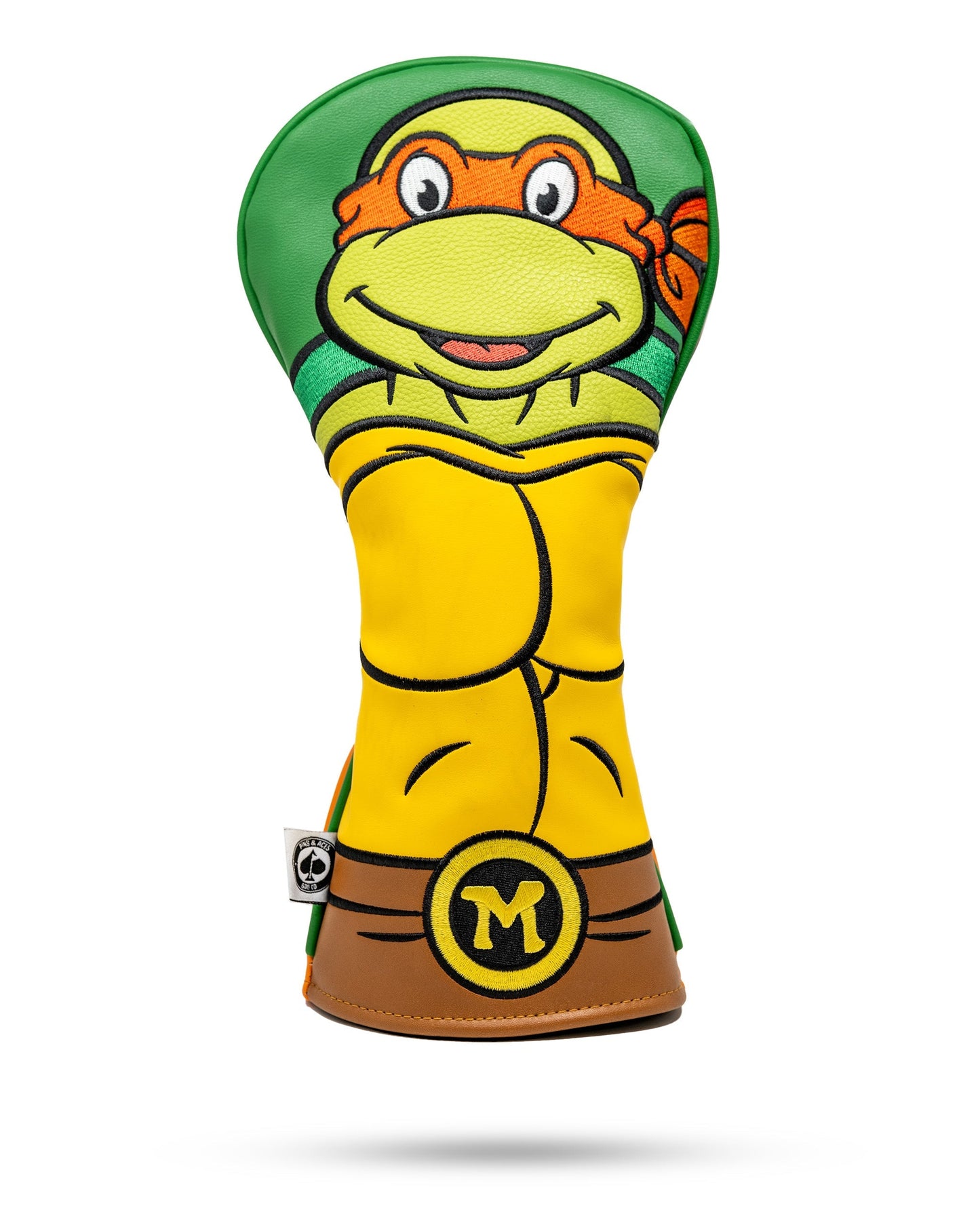 TMNT Michelangelo golf driver cover featuring vibrant orange and green colors, with a playful turtle design and signature bandana.