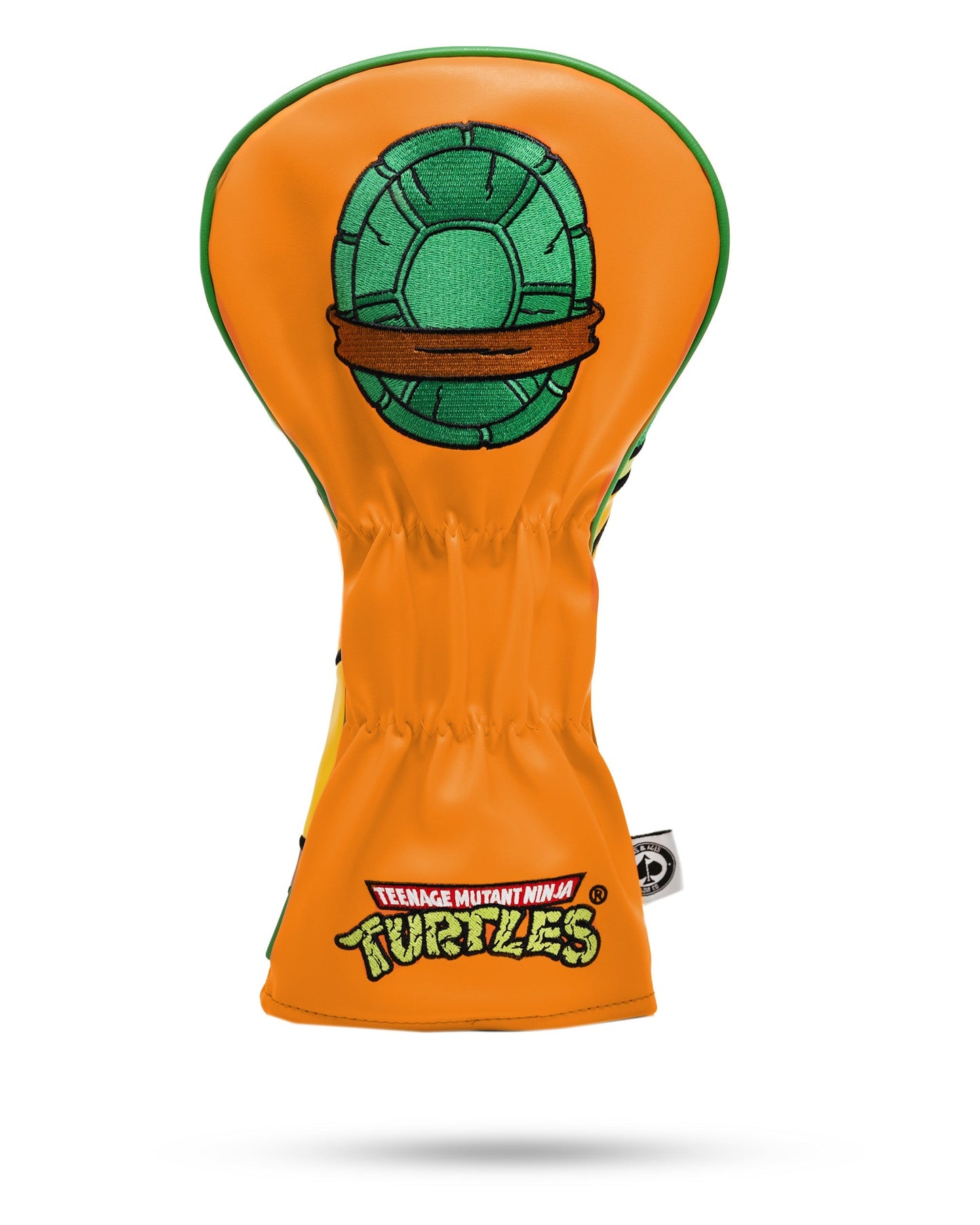 TMNT Michelangelo golf driver cover featuring vibrant orange and green design with character details.