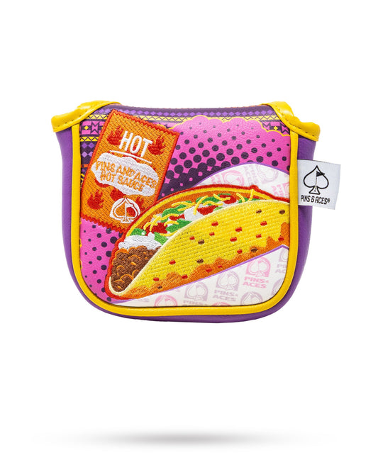 Alt text: "The Bogey Supreme mallet cover featuring a vibrant Taco Bell-inspired design, suitable for protecting putters."