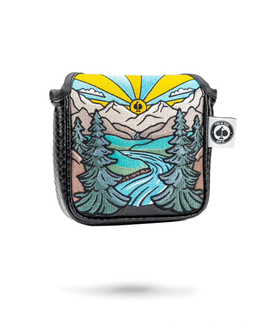 "The Rockies mallet cover featuring a vibrant mountain design, suitable for protecting golf putters."