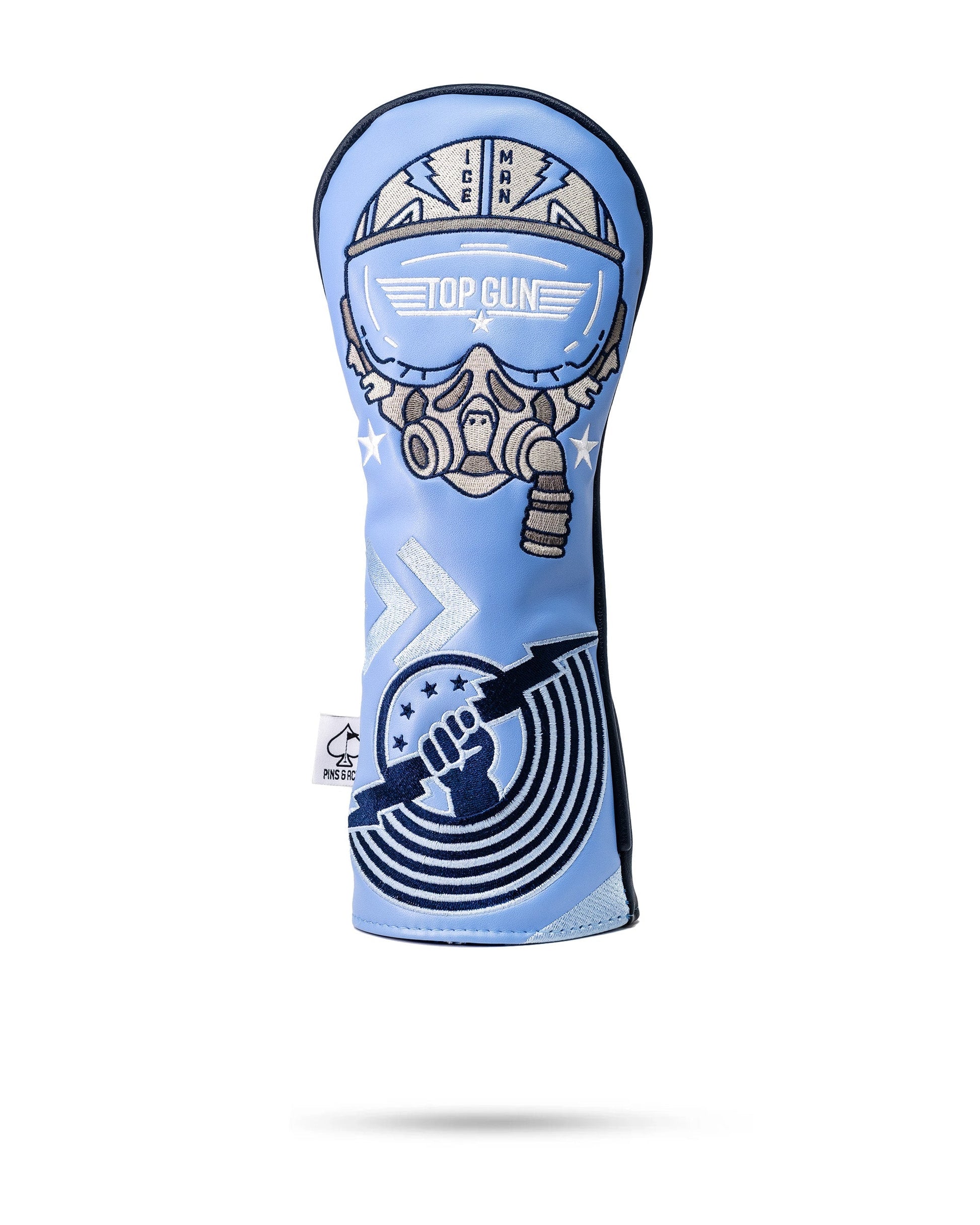 Top Gun Ice Man fairway headcover featuring a pilot helmet design, goggles, and bold graphics in blue, white, and black.