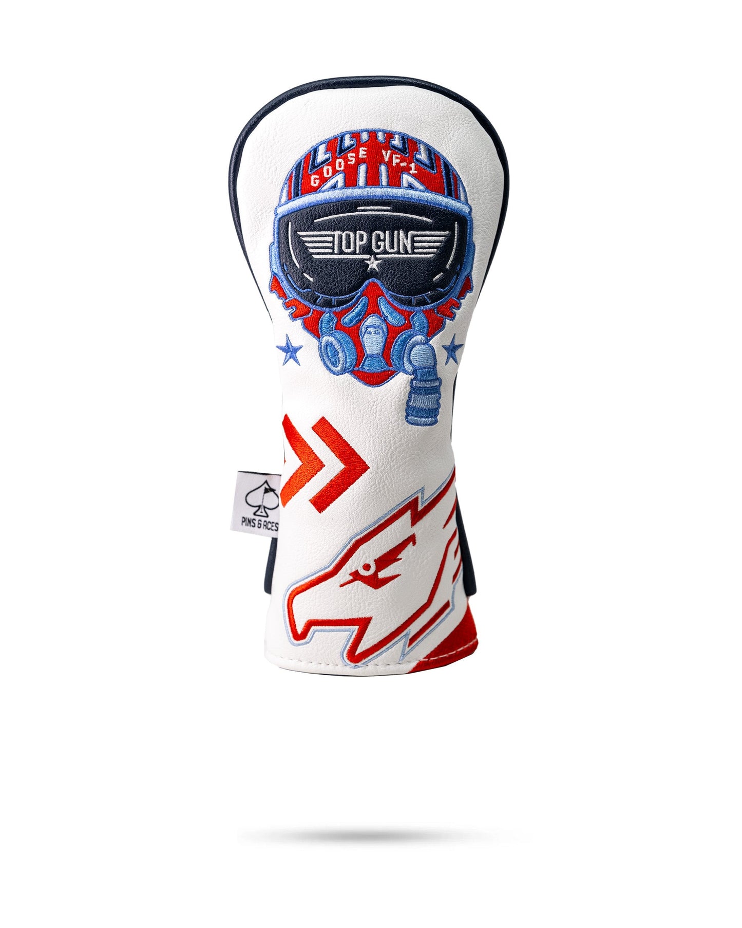 Top Gun Goose hybrid golf headcover with embroidered aviation-themed patches and a white, red, and blue color scheme.