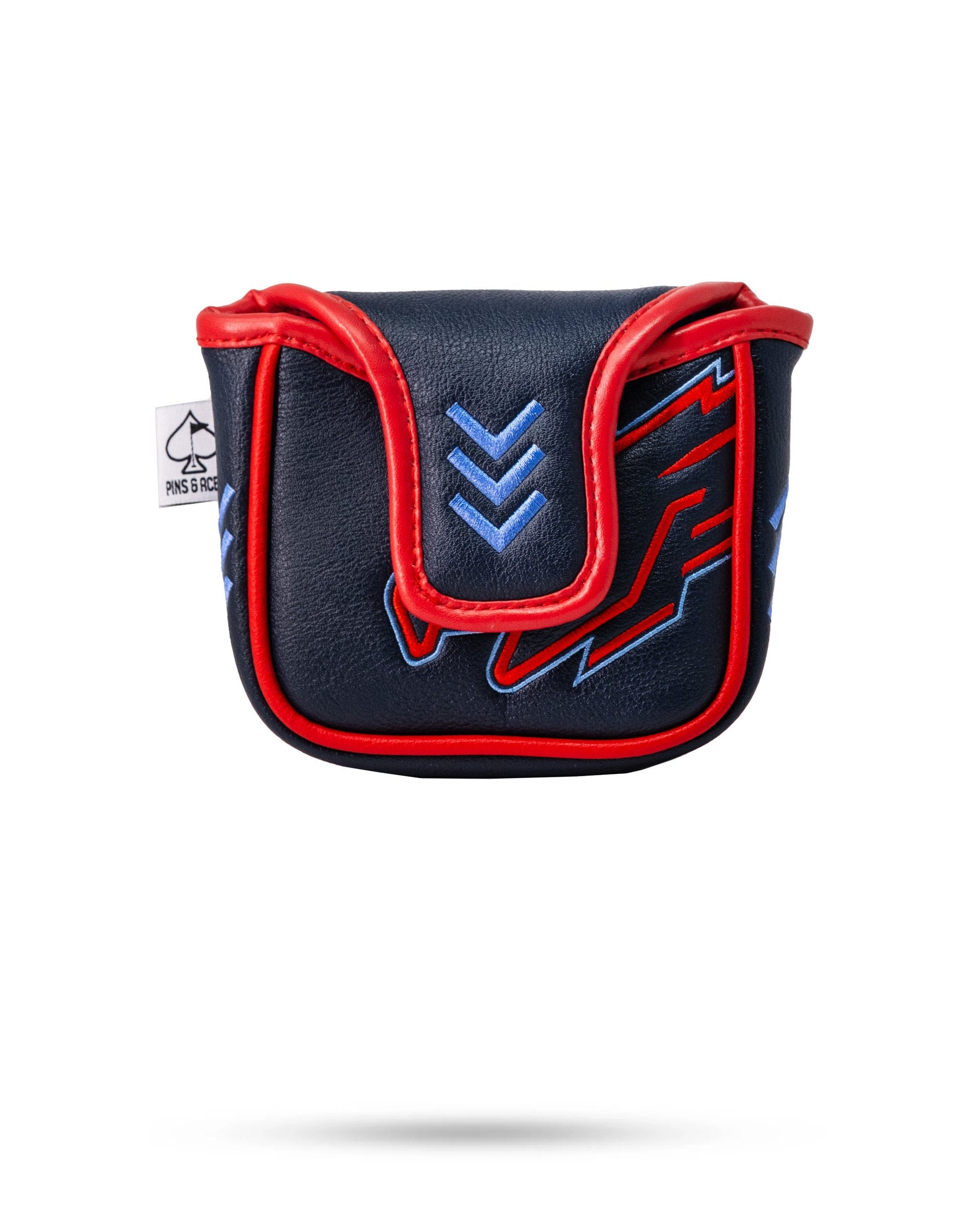 Top Gun Maverick themed golf mallet headcover with navy blue, red, and blue embroidered details, designed for golf club protection.