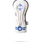 White golf headcover featuring blue embroidered Top Gun Goose emblem and military-inspired star and stripe design.