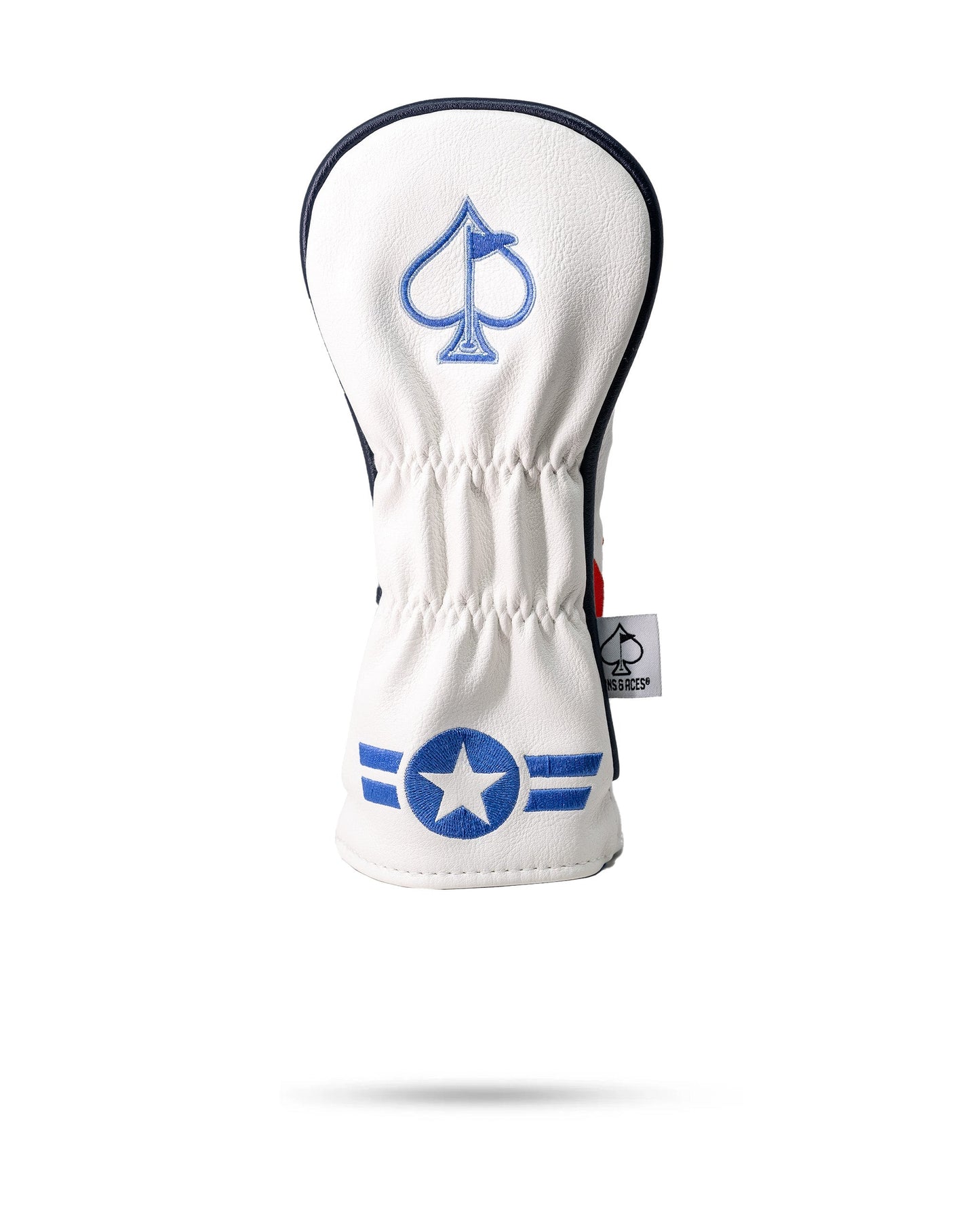 White golf headcover featuring blue embroidered Top Gun Goose emblem and military-inspired star and stripe design.
