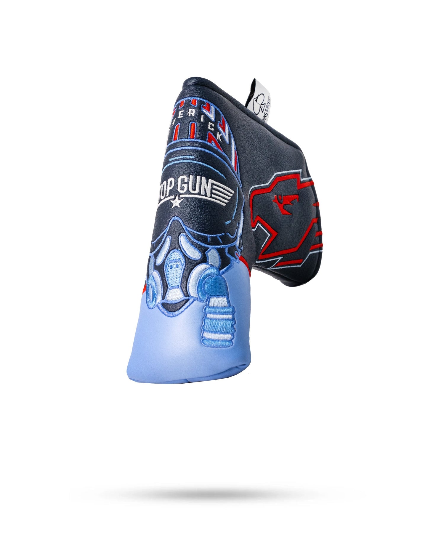 Top Gun Maverick Blade Headcover featuring a detailed embroidered design of a fighter pilot helmet and logo on a black and blue background.
