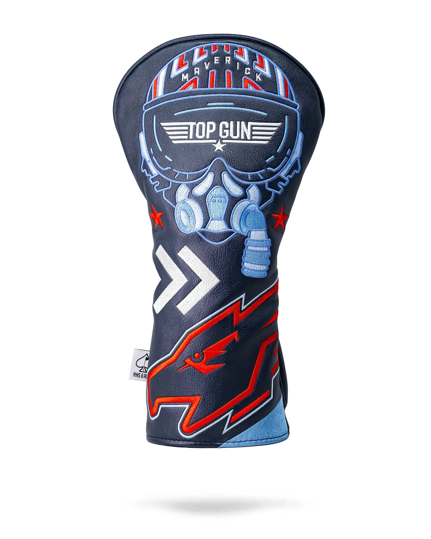 Top Gun Maverick themed golf driver headcover featuring a skull with goggles, stars, and bold red, blue, and white graphics.