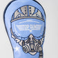 Embroidered Top Gun Ice Man helmet with goggles and stars on a light blue golf club headcover.