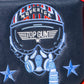 Embroidered Top Gun Maverick themed mallet golf headcover featuring a skull with sunglasses, headphones, and stars on a black background.