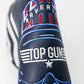 Close-up of a Top Gun Maverick Blade Headcover with embroidered logos and designs in navy, red, white, and blue.