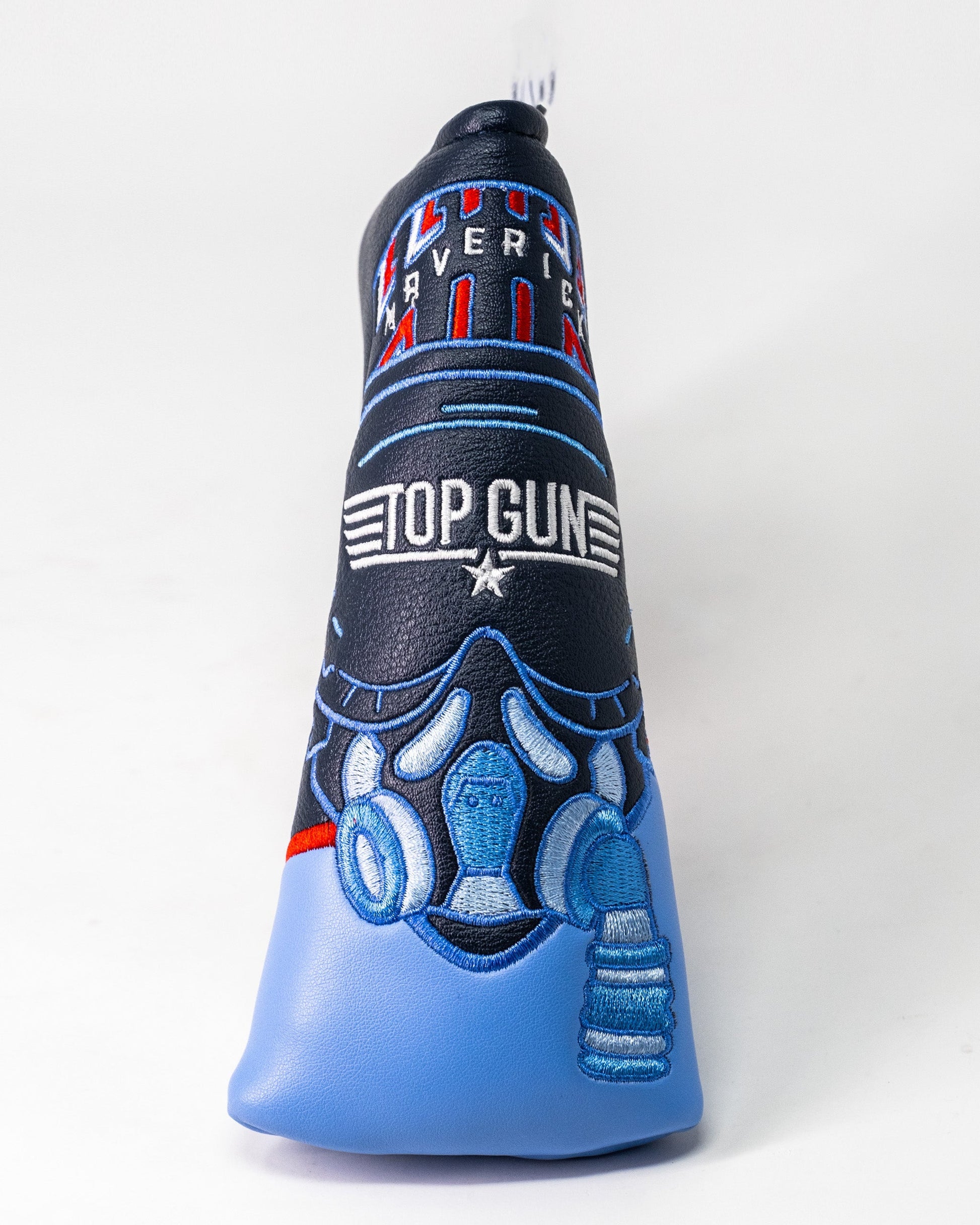 Embroidered Top Gun Maverick Blade Headcover featuring a fighter jet, pilot helmet, and aviation-themed details on a black and blue background.